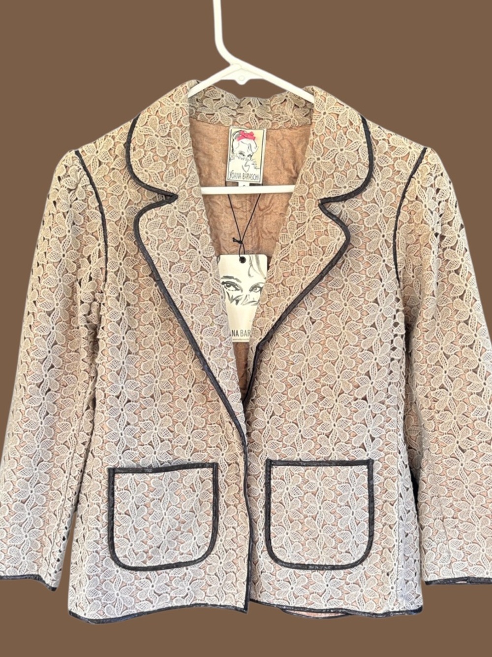 NWT Yoana Baraschi Cotton Lace Faux Leather Trimmed Blazer Small Retail $356